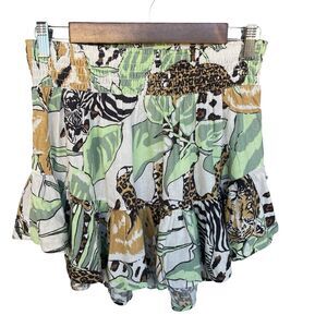 Aerie‎ Safari Mini Skirt Womens Small Linen Ruffle Pull On Zebra Tiger Hi Low